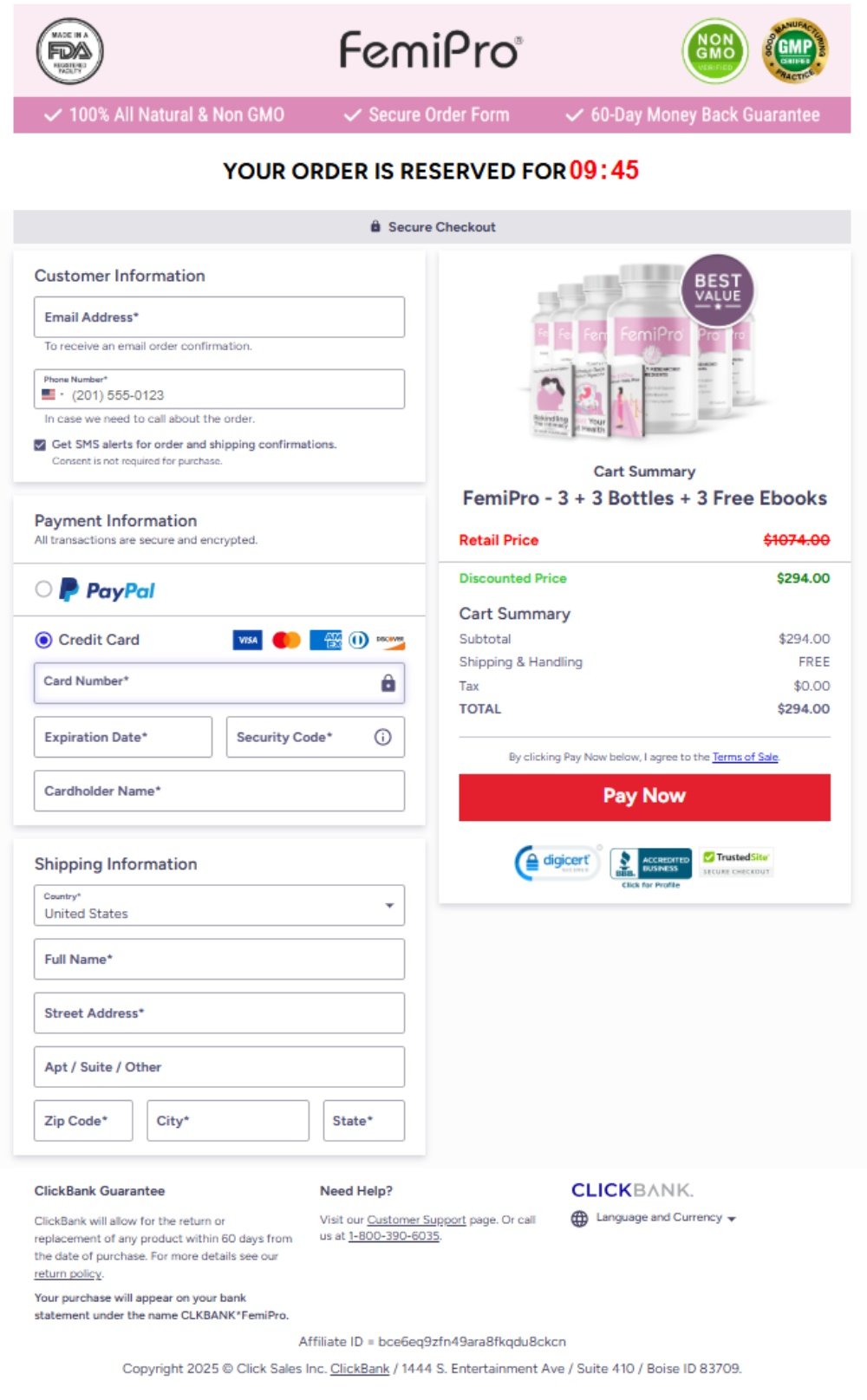 FemiPro Official Website Secure Order Page